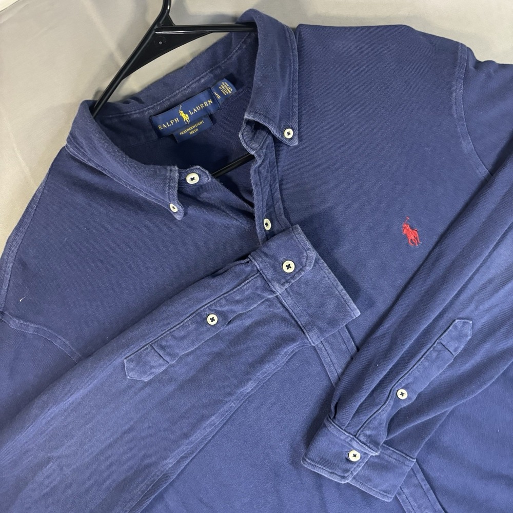 Ralph Lauren Shirt Mens Large Featherweight Mesh Navy Blue Button Down Cotton